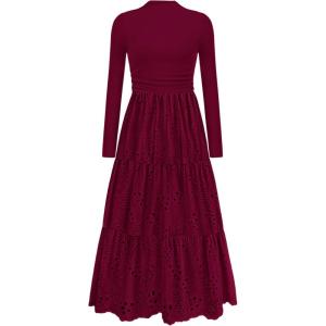 PRETTYGARDEN Long Sleeve Maxi Dress for Women 2026 Fall Eyelet A Line Elegant Classy Flowy Mock Neck Spring Vacation Dresses(Wine Red)
