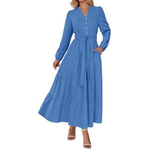 PRETTYGARDEN Maxi Dresses for Women Spring Long Sleeve V Neck Belted A Line Flowy Boho Wedding Guest Dress Pockets(Blue)