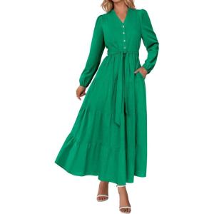 PRETTYGARDEN Maxi Dresses for Women Spring Long Sleeve V Neck Belted A Line Flowy Boho Wedding Guest Dress Pockets(Green)