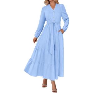 PRETTYGARDEN Maxi Dresses for Women Spring Long Sleeve V Neck Belted A Line Flowy Boho Wedding Guest Dress Pockets(Light Blue)