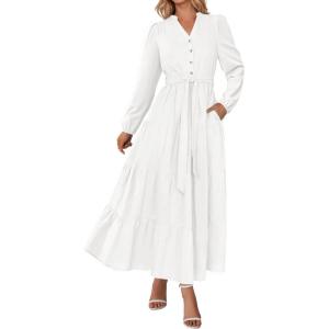 PRETTYGARDEN Maxi Dresses for Women Spring Long Sleeve V Neck Belted A Line Flowy Boho Wedding Guest Dress Pockets(White)