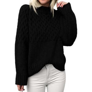 PRETTYGARDEN Oversized Sweaters for Women 2025 Fall Cute Cable Knit Long Sleeve Crewneck Chunky Pullover Tops Winter Clothing(Black)