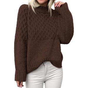 PRETTYGARDEN Oversized Sweaters for Women 2025 Fall Cute Cable Knit Long Sleeve Crewneck Chunky Pullover Tops Winter Clothing(Brown)