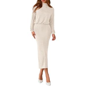 PRETTYGARDEN Turtle Neck Dresses for Women 2026 Fall Knit Outfits Slit Elastic Waist Long Sleeve Bodycon Midi Sweater Dress(Apricot)