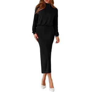 PRETTYGARDEN Turtle Neck Dresses for Women 2026 Fall Knit Outfits Slit Elastic Waist Long Sleeve Bodycon Midi Sweater Dress(Black)