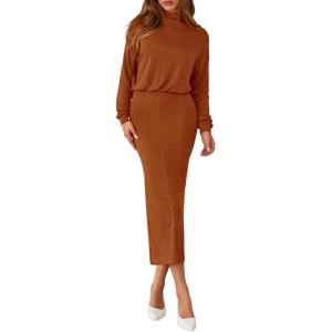 PRETTYGARDEN Turtle Neck Dresses for Women 2026 Fall Knit Outfits Slit Elastic Waist Long Sleeve Bodycon Midi Sweater Dress(Brick Red)
