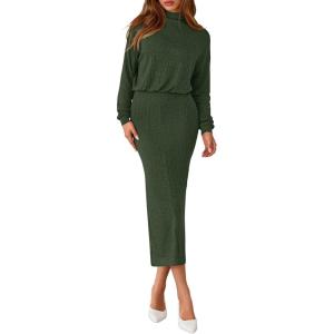 PRETTYGARDEN Turtle Neck Dresses for Women 2026 Fall Knit Outfits Slit Elastic Waist Long Sleeve Bodycon Midi Sweater Dress(Dark Green)