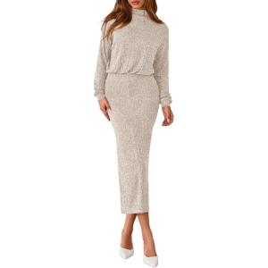 PRETTYGARDEN Turtle Neck Dresses for Women 2026 Fall Knit Outfits Slit Elastic Waist Long Sleeve Bodycon Midi Sweater Dress(Oatmeal)