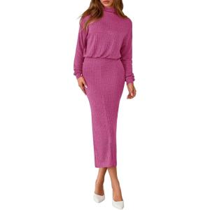 PRETTYGARDEN Turtle Neck Dresses for Women 2026 Fall Knit Outfits Slit Elastic Waist Long Sleeve Bodycon Midi Sweater Dress(Rose Pink)
