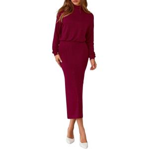 PRETTYGARDEN Turtle Neck Dresses for Women 2026 Fall Knit Outfits Slit Elastic Waist Long Sleeve Bodycon Midi Sweater Dress(Wine Red)