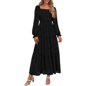 PRETTYGARDEN Wedding Guest Dresses for Women Floral Long Sleeve Smocked Tiered Elegant Long Flowy Boho Dress(Black)