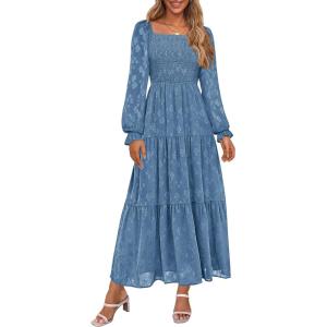 PRETTYGARDEN Wedding Guest Dresses for Women Floral Long Sleeve Smocked Tiered Elegant Long Flowy Boho Dress(Blue)