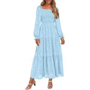 PRETTYGARDEN Wedding Guest Dresses for Women Floral Long Sleeve Smocked Tiered Elegant Long Flowy Boho Dress(Light Blue)