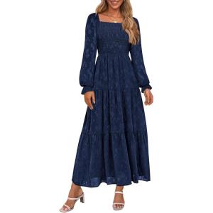 PRETTYGARDEN Wedding Guest Dresses for Women Floral Long Sleeve Smocked Tiered Elegant Long Flowy Boho Dress(Navy Blue)