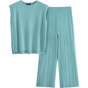PRETTYGARDEN Women’s 2 Piece Outfits Knit Loungewear High Low Pullover Tops and Wide Leg Pants Casual Sweater Sets Tracksuits (Blue Green,Small)