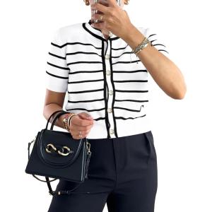 PRETTYGARDEN Womens 2024 Summer Button Down Striped Shirts Short Sleeve Knit Going Out Tops Dressy Casual Cute Ladies Blouses (White,Medium)