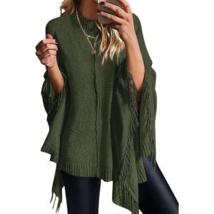 PRETTYGARDEN Women’s 2025 Fall Winter Poncho Sweaters Trendy Chunky Knit Fringe Shawls Wraps Pullover Tops Holiday Outfits(Army Green)