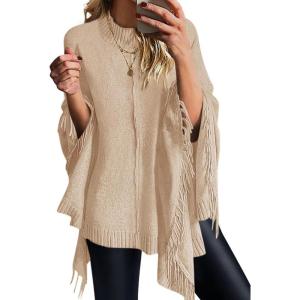 PRETTYGARDEN Women’s 2025 Fall Winter Poncho Sweaters Trendy Chunky Knit Fringe Shawls Wraps Pullover Tops Holiday Outfits(Beige)