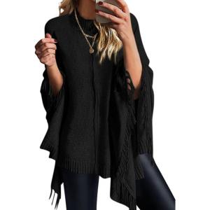 PRETTYGARDEN Women’s 2025 Fall Winter Poncho Sweaters Trendy Chunky Knit Fringe Shawls Wraps Pullover Tops Holiday Outfits(Black)