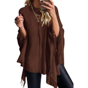 PRETTYGARDEN Women’s 2025 Fall Winter Poncho Sweaters Trendy Chunky Knit Fringe Shawls Wraps Pullover Tops Holiday Outfits(Brown)