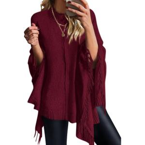 PRETTYGARDEN Women’s 2025 Fall Winter Poncho Sweaters Trendy Chunky Knit Fringe Shawls Wraps Pullover Tops Holiday Outfits(Burgundy)
