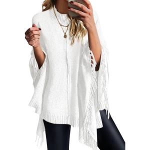 PRETTYGARDEN Women’s 2025 Fall Winter Poncho Sweaters Trendy Chunky Knit Fringe Shawls Wraps Pullover Tops Holiday Outfits(White)