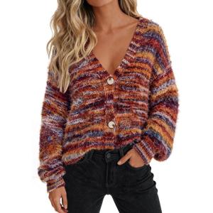 PRETTYGARDEN Womens Cardigan Sweaters Fall Fashion 2026 Striped Long Sleeve Button V Neck Knit Fuzzy Outerwear Winter Clothes(Burnt Orange)
