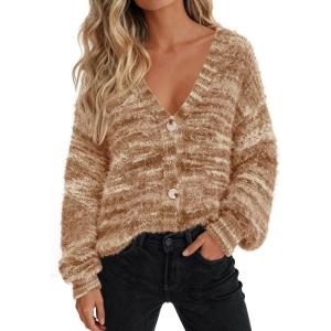 PRETTYGARDEN Womens Cardigan Sweaters Fall Fashion 2026 Striped Long Sleeve Button V Neck Knit Fuzzy Outerwear Winter Clothes(Khaki)