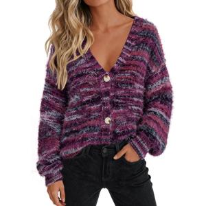 PRETTYGARDEN Womens Cardigan Sweaters Fall Fashion 2026 Striped Long Sleeve Button V Neck Knit Fuzzy Outerwear Winter Clothes(Purple)
