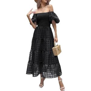 PRETTYGARDEN Women’s Casual Summer Dress Puffy Short Sleeve Square Neck Smocked Tiered A Line Maxi Long Dresses(Plaid Black)