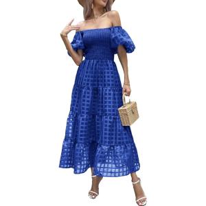 PRETTYGARDEN Women’s Casual Summer Dress Puffy Short Sleeve Square Neck Smocked Tiered A Line Maxi Long Dresses(Plaid Blue)