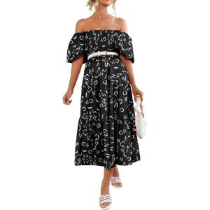 PRETTYGARDEN Women’s Casual Summer Dress Puffy Short Sleeve Square Neck Smocked Tiered A Line Maxi Long Dresses(Print Black)