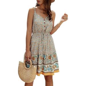 PRETTYGARDEN Women’s Floral V Neck Spaghetti Strap Button Down Sundress Swing Ruffle Summer Mini Short Dress