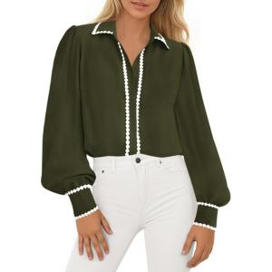 PRETTYGARDEN Womens Long Sleeve Button Down Shirts 2026 Trendy V Neck Loose Fit Fall Tops Collared Dressy Casual Blouses(Army Green)
