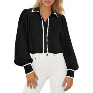 PRETTYGARDEN Womens Long Sleeve Button Down Shirts 2026 Trendy V Neck Loose Fit Fall Tops Collared Dressy Casual Blouses(Black)