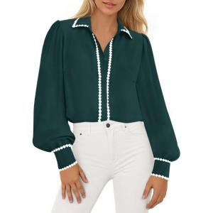 PRETTYGARDEN Womens Long Sleeve Button Down Shirts 2026 Trendy V Neck Loose Fit Fall Tops Collared Dressy Casual Blouses(Dark Green)