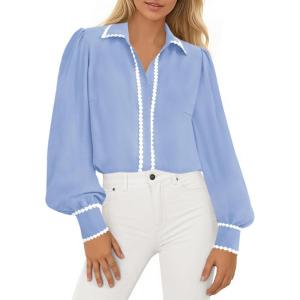 PRETTYGARDEN Womens Long Sleeve Button Down Shirts 2026 Trendy V Neck Loose Fit Fall Tops Collared Dressy Casual Blouses(Light Blue)