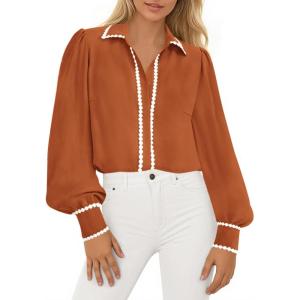 PRETTYGARDEN Womens Long Sleeve Button Down Shirts 2026 Trendy V Neck Loose Fit Fall Tops Collared Dressy Casual Blouses(Orange)