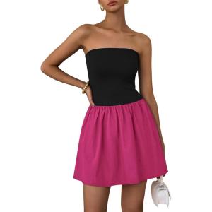 PRETTYGARDEN Women’s Summer Strapless Mini Party Dress Spring Casual Tube Top Ruffle A Line Short Patchwork Sundresses(Black Rose Red)