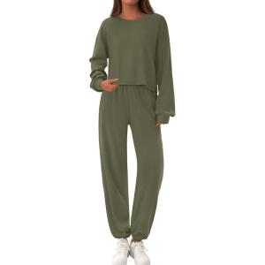 PRETTYGARDEN Women’s Two Piece Lounge Sets 2025 Fall Airport Outfits Long Sleeve Pullover Tops Sweatpants Matching Clothing(Army Green)