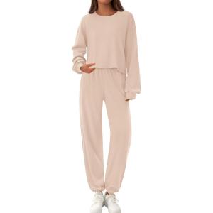 PRETTYGARDEN Women’s Two Piece Lounge Sets 2025 Fall Airport Outfits Long Sleeve Pullover Tops Sweatpants Matching Clothing(Beige)
