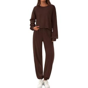 PRETTYGARDEN Women’s Two Piece Lounge Sets 2025 Fall Airport Outfits Long Sleeve Pullover Tops Sweatpants Matching Clothing(Brown)