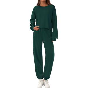 PRETTYGARDEN Women’s Two Piece Lounge Sets 2025 Fall Airport Outfits Long Sleeve Pullover Tops Sweatpants Matching Clothing(Dark Green)