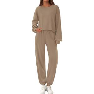 PRETTYGARDEN Women’s Two Piece Lounge Sets 2025 Fall Airport Outfits Long Sleeve Pullover Tops Sweatpants Matching Clothing(Khaki)
