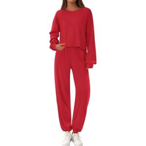 PRETTYGARDEN Women’s Two Piece Lounge Sets 2025 Fall Airport Outfits Long Sleeve Pullover Tops Sweatpants Matching Clothing(Red)