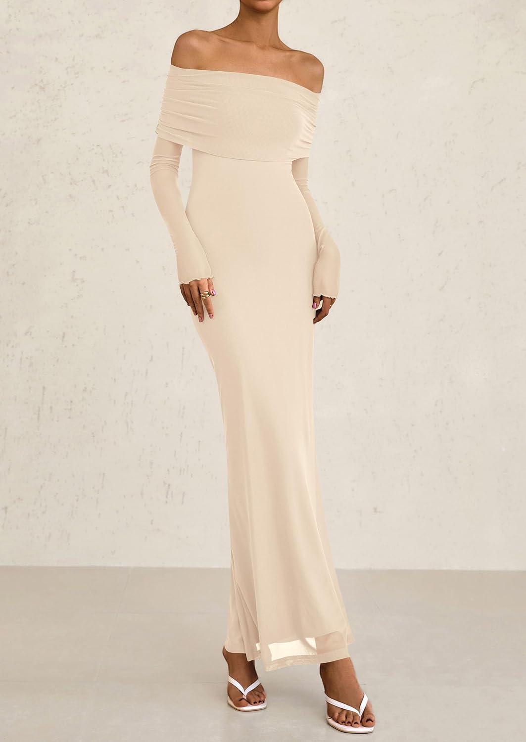 imagePRETTYGARDEN Fall Dresses for Women 2026 Elegant Off The Shoulder Long Sleeve Formal Wedding Guest Bodycon Maxi DressApricot
