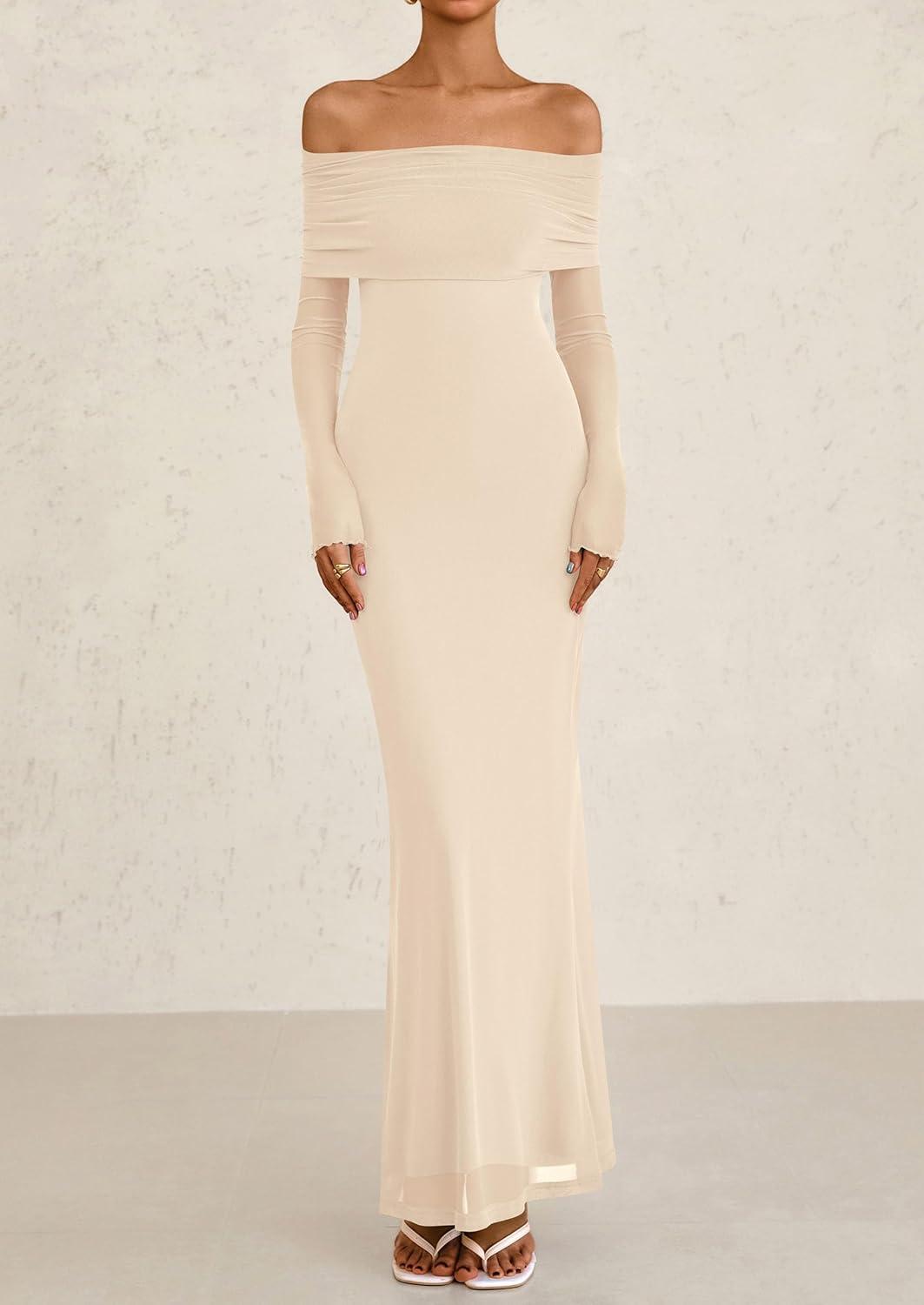 imagePRETTYGARDEN Fall Dresses for Women 2026 Elegant Off The Shoulder Long Sleeve Formal Wedding Guest Bodycon Maxi DressApricot