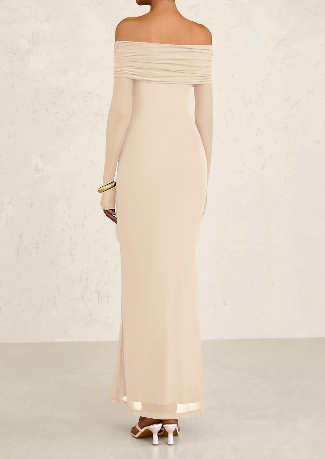 imagePRETTYGARDEN Fall Dresses for Women 2026 Elegant Off The Shoulder Long Sleeve Formal Wedding Guest Bodycon Maxi DressApricot