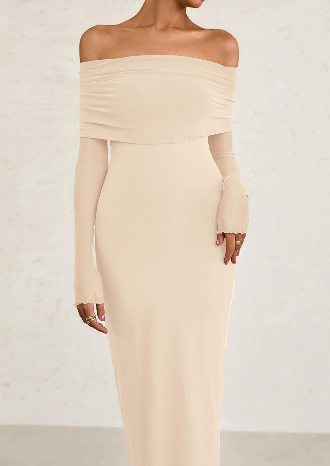 imagePRETTYGARDEN Fall Dresses for Women 2026 Elegant Off The Shoulder Long Sleeve Formal Wedding Guest Bodycon Maxi DressApricot