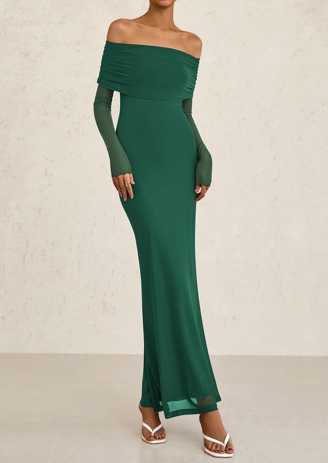 imagePRETTYGARDEN Fall Dresses for Women 2026 Elegant Off The Shoulder Long Sleeve Formal Wedding Guest Bodycon Maxi DressGreen